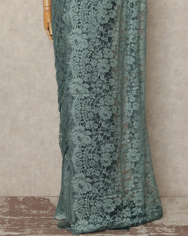 Dusty Teal French Chantilly Saree Lace Elegant Floral Net Design 5.5 Mtrs Length 110 Cms Width Premium Soft Sheer Fabric France Origin-D28928 Regal Fabrics