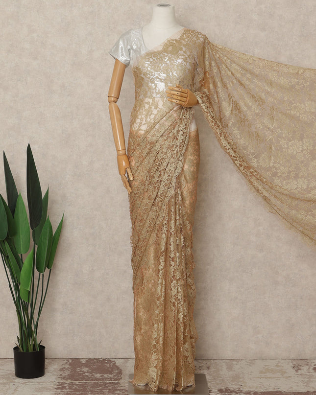 Golden Beige French Chantilly Saree Lace Elegant Floral Net Design 5.5 Mtrs Length 110 Cms Width Premium Soft Sheer Fabric France Origin-D28937 Regal Fabrics