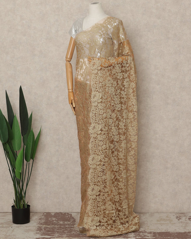 Golden Beige French Chantilly Saree Lace Elegant Floral Net Design 5.5 Mtrs Length 110 Cms Width Premium Soft Sheer Fabric France Origin-D28937 Regal Fabrics