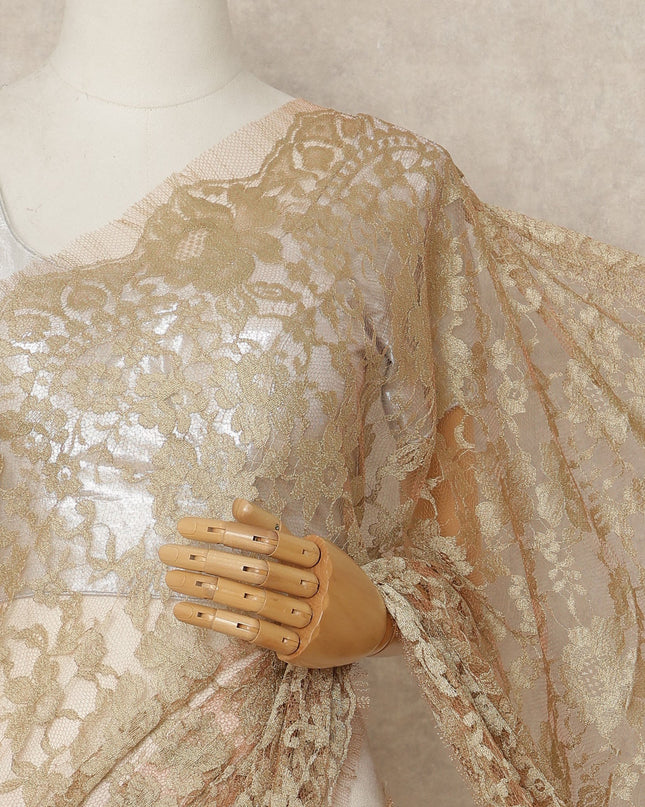 Golden Beige French Chantilly Saree Lace Elegant Floral Net Design 5.5 Mtrs Length 110 Cms Width Premium Soft Sheer Fabric France Origin-D28937 Regal Fabrics