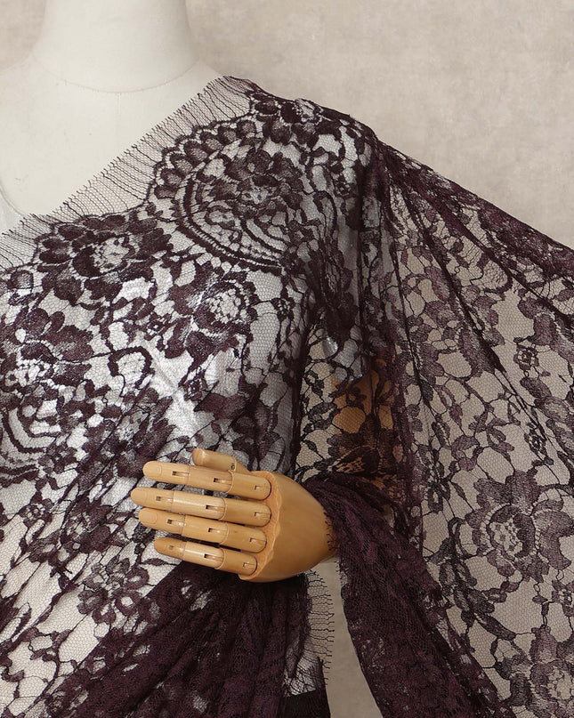 Deep Wine French Chantilly Saree Lace Elegant Floral Net Design 5.5 Mtrs Length 110 Cms Width Premium Soft Sheer Fabric France Origin-D28929 Regal Fabrics