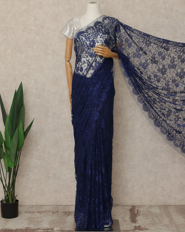 Royal Blue Premium French Metallic Chantilly Saree Lace Fabric 5.5 Mtrs Length 110 Cms Width Floral Designer Net Drape Material Made In France, Blouse Not Included-D28100