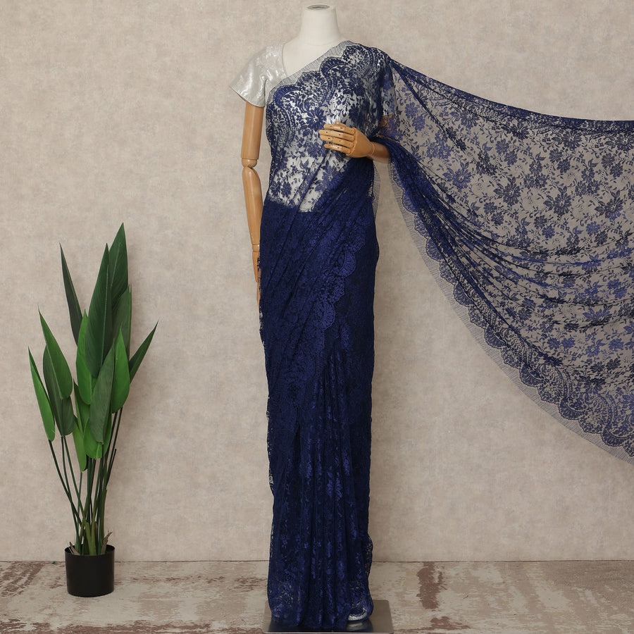 Royal Blue Premium French Metallic Chantilly Saree Lace Fabric 5.5 Mtrs Length 110 Cms Width Floral Designer Net Drape Material Made In France, Blouse Not Included-D28100 Regal Fabrics