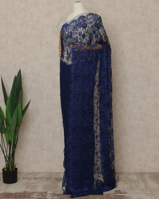Royal Blue Premium French Metallic Chantilly Saree Lace Fabric 5.5 Mtrs Length 110 Cms Width Floral Designer Net Drape Material Made In France, Blouse Not Included-D28100