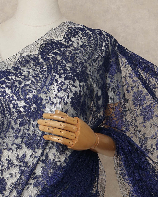 Royal Blue Premium French Metallic Chantilly Saree Lace Fabric 5.5 Mtrs Length 110 Cms Width Floral Designer Net Drape Material Made In France, Blouse Not Included-D28100