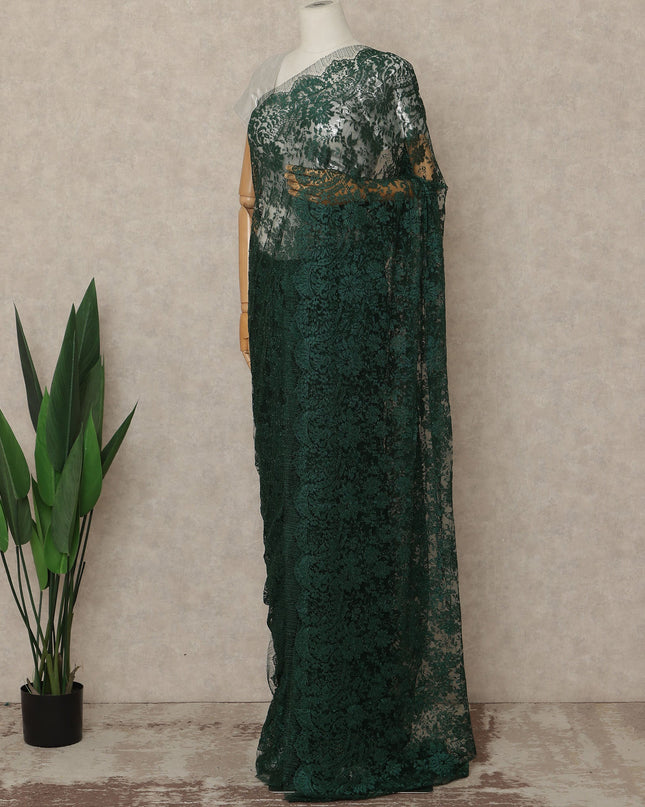 Forest Green Premium French Metallic Chantilly Saree Lace Fabric 5.5 Mtrs Length 110 Cms Width Floral Designer Net Drape Material Made In France, Blouse Not Included-D28096