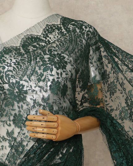 Forest Green Premium French Metallic Chantilly Saree Lace Fabric 5.5 Mtrs Length 110 Cms Width Floral Designer Net Drape Material Made In France, Blouse Not Included-D28096 Regal Fabrics