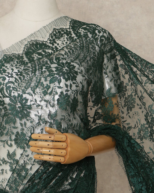 Forest Green Premium French Metallic Chantilly Saree Lace Fabric 5.5 Mtrs Length 110 Cms Width Floral Designer Net Drape Material Made In France, Blouse Not Included-D28096