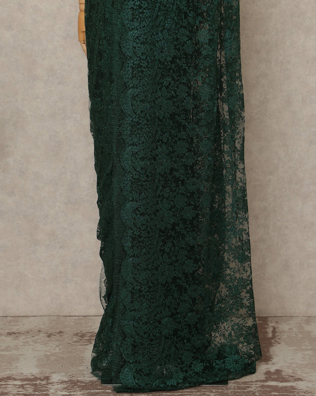 Forest Green Premium French Metallic Chantilly Saree Lace Fabric 5.5 Mtrs Length 110 Cms Width Floral Designer Net Drape Material Made In France, Blouse Not Included-D28096