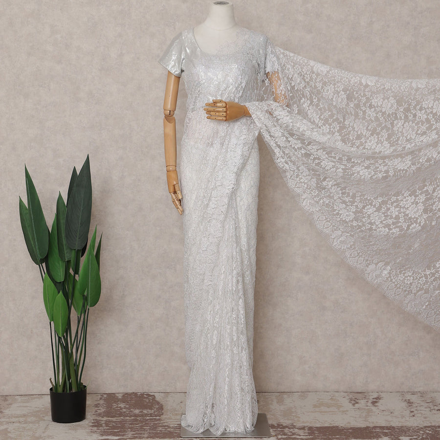 Ivory White French Chantilly Lace Saree