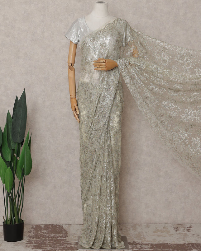 Sage Silver Chantilly Lace Saree | Regal Fabrics