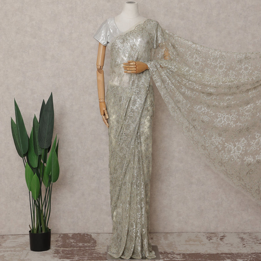 Sage Silver Chantilly Lace Saree | Regal Fabrics