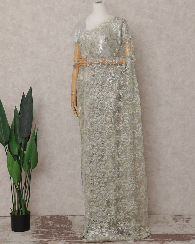 Sage Silver Chantilly Lace Saree | Regal Fabrics