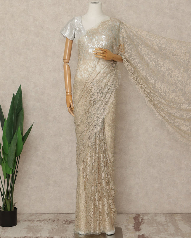 Ivory Cream 2 Tone Premium French Chantilly Saree Lace Fabric 5.5 Mtrs Length 110 Cms Width Floral Eyelash Net Designer Drape Material Made In France, Blouse Not Included-D28090
