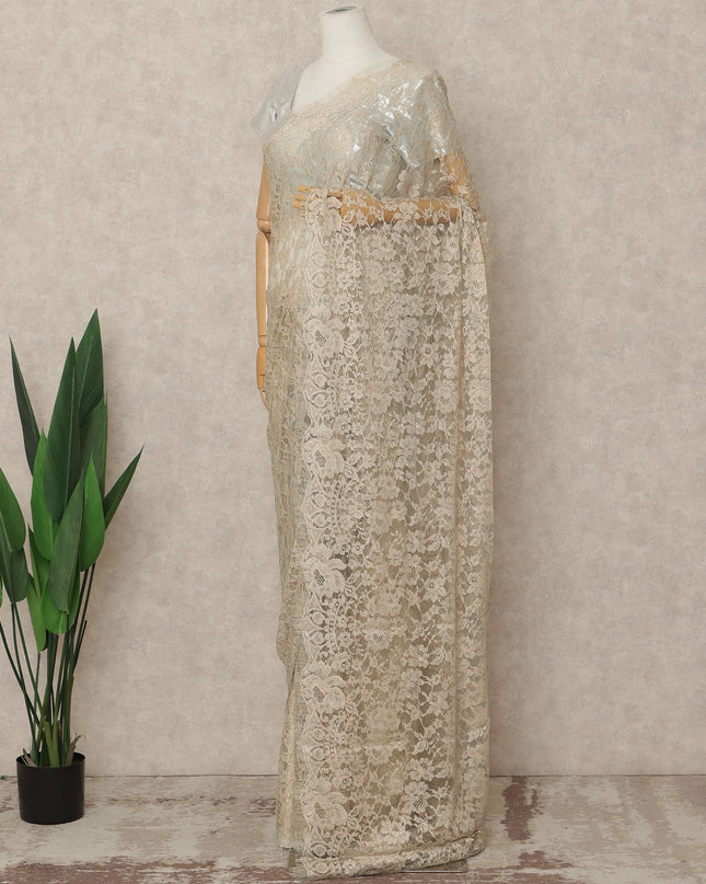 Ivory Cream 2 Tone Premium French Chantilly Saree Lace Fabric 5.5 Mtrs Length 110 Cms Width Floral Eyelash Net Designer Drape Material Made In France, Blouse Not Included-D28090