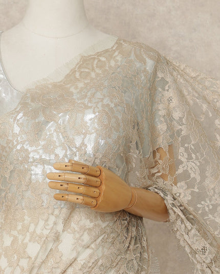 Ivory Cream 2 Tone Premium French Chantilly Saree Lace Fabric 5.5 Mtrs Length 110 Cms Width Floral Eyelash Net Designer Drape Material Made In France, Blouse Not Included-D28090 - Regal Fabrics