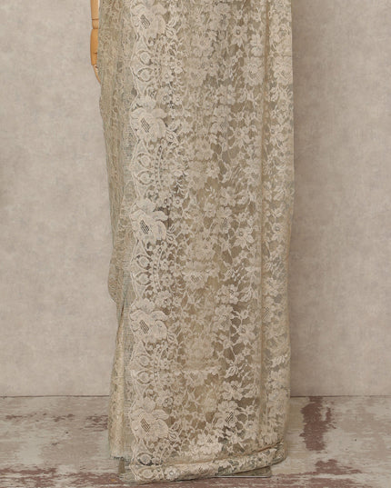 Ivory Cream 2 Tone Premium French Chantilly Saree Lace Fabric 5.5 Mtrs Length 110 Cms Width Floral Eyelash Net Designer Drape Material Made In France, Blouse Not Included-D28090 - Regal Fabrics