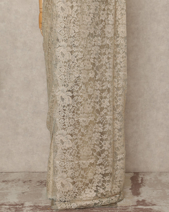 Ivory Cream 2 Tone Premium French Chantilly Saree Lace Fabric 5.5 Mtrs Length 110 Cms Width Floral Eyelash Net Designer Drape Material Made In France, Blouse Not Included-D28090