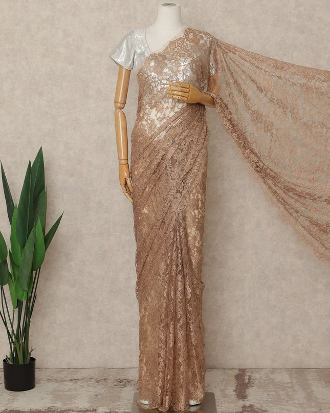 Nude Beige 2 Tone Premium French Chantilly Saree Lace Fabric 5.5 Mtrs Length 110 Cms Width Floral Eyelash Net Designer Drape Material Made In France, Blouse Not Included-D28089