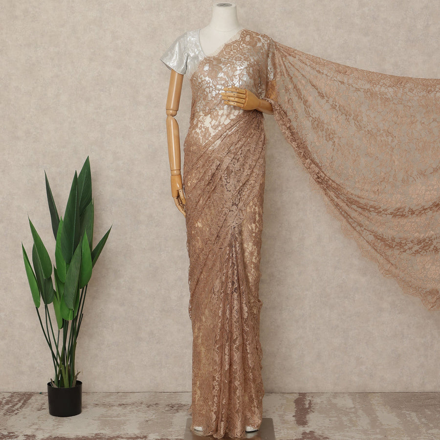 Nude Beige 2 Tone Premium French Chantilly Saree Lace Fabric 5.5 Mtrs Length 110 Cms Width Floral Eyelash Net Designer Drape Material Made In France, Blouse Not Included-D28089