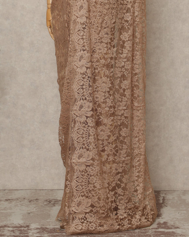 Nude Beige 2 Tone Premium French Chantilly Saree Lace Fabric 5.5 Mtrs Length 110 Cms Width Floral Eyelash Net Designer Drape Material Made In France, Blouse Not Included-D28089