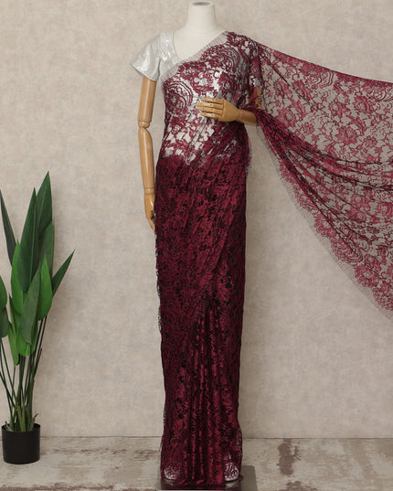 Dark Red 2 Tone Premium French Chantilly Saree Lace Fabric 5.5 Mtrs Length 110 Cms Width Floral Eyelash Net Designer Drape Material Made In France, Blouse Not Included-D28083 - Regal Fabrics