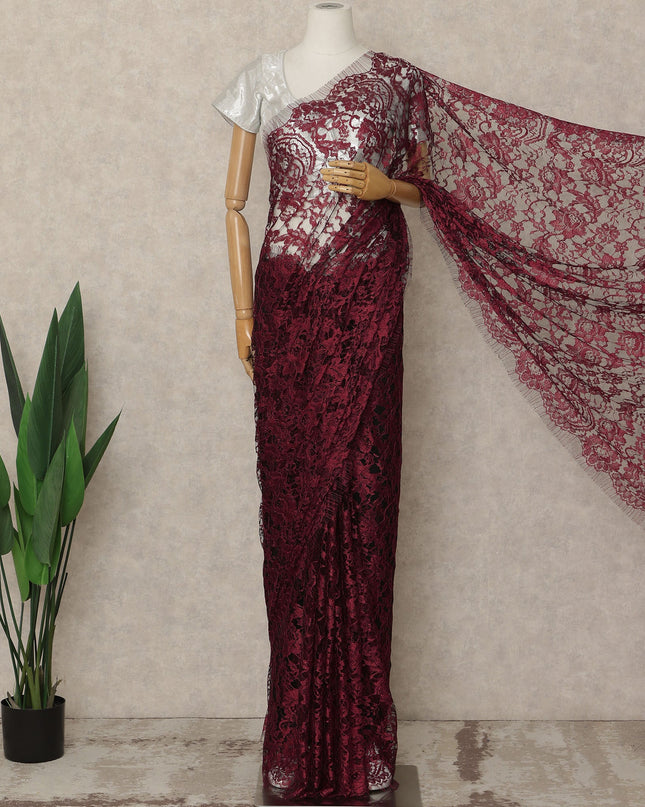 Dark Red 2 Tone Premium French Chantilly Saree Lace Fabric 5.5 Mtrs Length 110 Cms Width Floral Eyelash Net Designer Drape Material Made In France, Blouse Not Included-D28083
