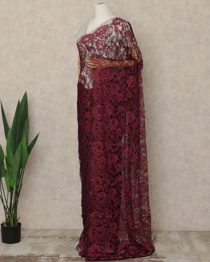 Dark Red 2 Tone Premium French Chantilly Saree Lace Fabric 5.5 Mtrs Length 110 Cms Width Floral Eyelash Net Designer Drape Material Made In France, Blouse Not Included-D28083 - Regal Fabrics