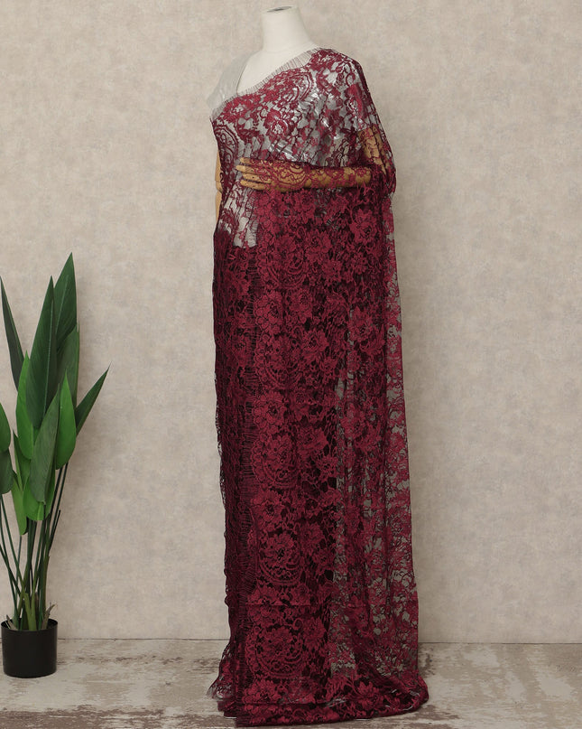 Dark Red 2 Tone Premium French Chantilly Saree Lace Fabric 5.5 Mtrs Length 110 Cms Width Floral Eyelash Net Designer Drape Material Made In France, Blouse Not Included-D28083