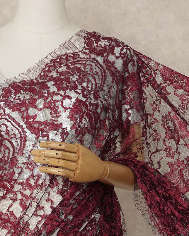 Dark Red 2 Tone Premium French Chantilly Saree Lace Fabric 5.5 Mtrs Length 110 Cms Width Floral Eyelash Net Designer Drape Material Made In France, Blouse Not Included-D28083