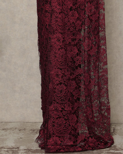 Dark Red 2 Tone Premium French Chantilly Saree Lace Fabric 5.5 Mtrs Length 110 Cms Width Floral Eyelash Net Designer Drape Material Made In France, Blouse Not Included-D28083 - Regal Fabrics