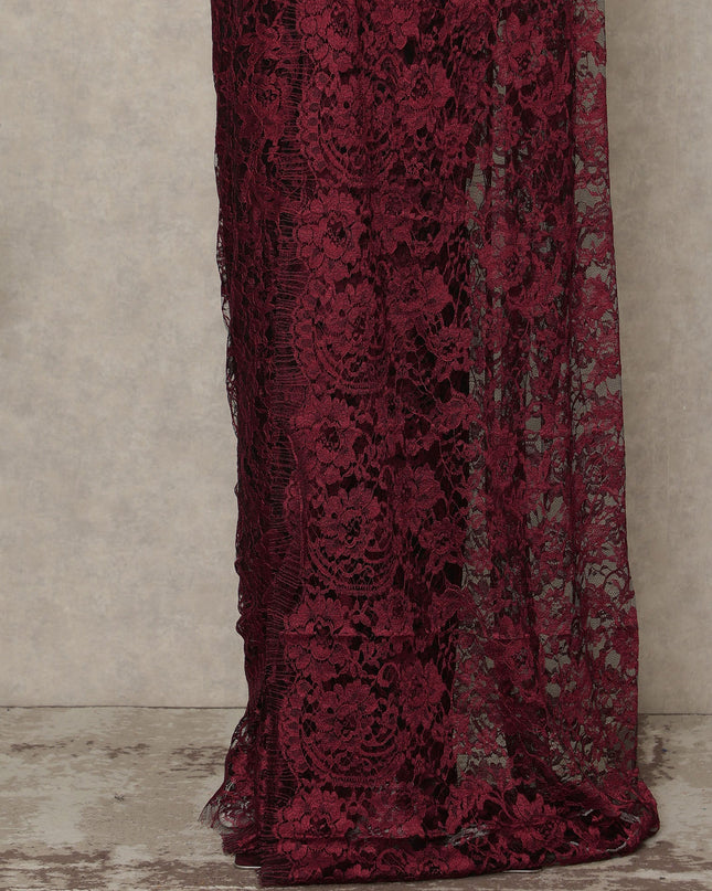 Dark Red 2 Tone Premium French Chantilly Saree Lace Fabric 5.5 Mtrs Length 110 Cms Width Floral Eyelash Net Designer Drape Material Made In France, Blouse Not Included-D28083