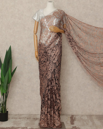 Peach Brown 2 Tone Premium French Chantilly Saree Lace Fabric 5.5 Mtrs Length 110 Cms Width Floral Eyelash Net Designer Drape Material Made In France, Blouse Not Included-D28085 - Regal Fabrics