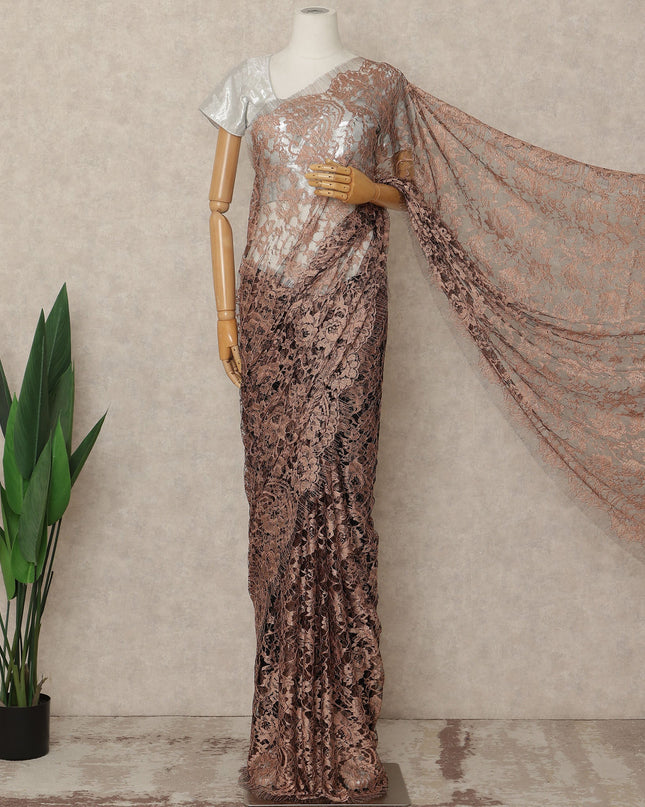 Peach Brown 2 Tone Premium French Chantilly Saree Lace Fabric 5.5 Mtrs Length 110 Cms Width Floral Eyelash Net Designer Drape Material Made In France, Blouse Not Included-D28085