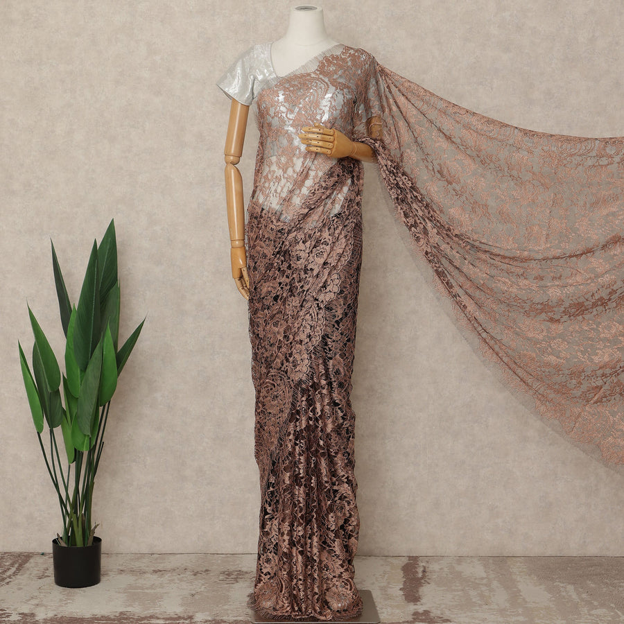 Peach Brown 2 Tone Premium French Chantilly Saree Lace Fabric 5.5 Mtrs Length 110 Cms Width Floral Eyelash Net Designer Drape Material Made In France, Blouse Not Included-D28085 - Regal Fabrics