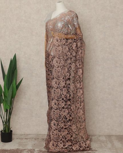 Peach Brown 2 Tone Premium French Chantilly Saree Lace Fabric 5.5 Mtrs Length 110 Cms Width Floral Eyelash Net Designer Drape Material Made In France, Blouse Not Included-D28085 - Regal Fabrics