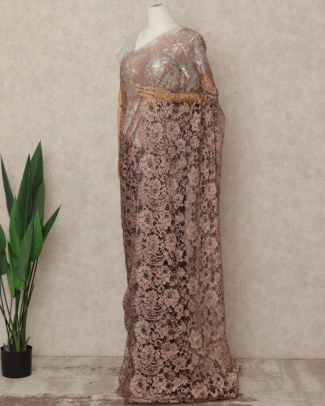 Peach Brown 2 Tone Premium French Chantilly Saree Lace Fabric 5.5 Mtrs Length 110 Cms Width Floral Eyelash Net Designer Drape Material Made In France, Blouse Not Included-D28085