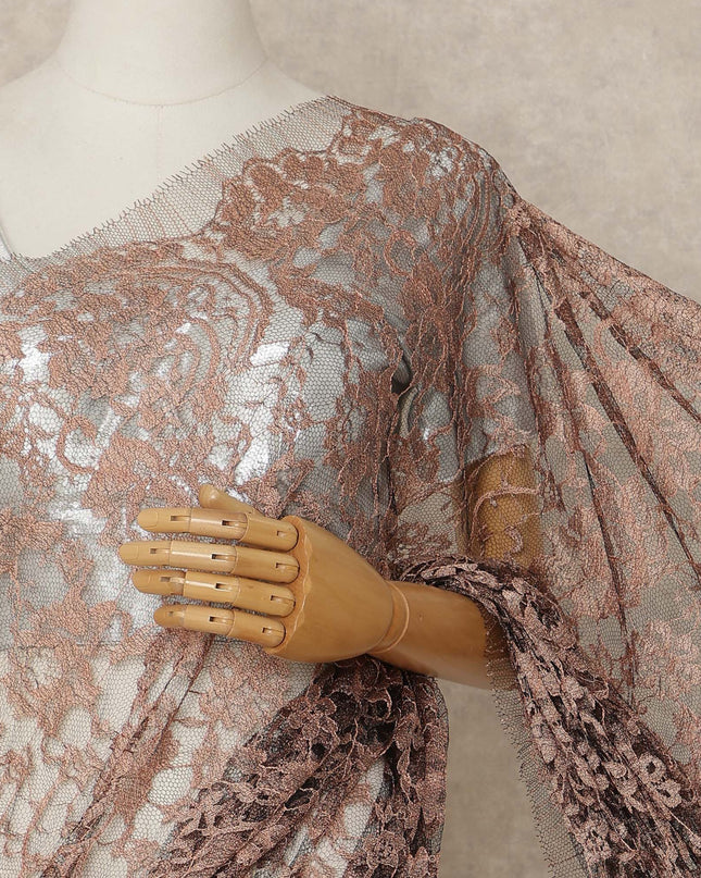 Peach Brown 2 Tone Premium French Chantilly Saree Lace Fabric 5.5 Mtrs Length 110 Cms Width Floral Eyelash Net Designer Drape Material Made In France, Blouse Not Included-D28085
