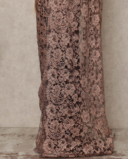 Peach Brown 2 Tone Premium French Chantilly Saree Lace Fabric 5.5 Mtrs Length 110 Cms Width Floral Eyelash Net Designer Drape Material Made In France, Blouse Not Included-D28085 - Regal Fabrics