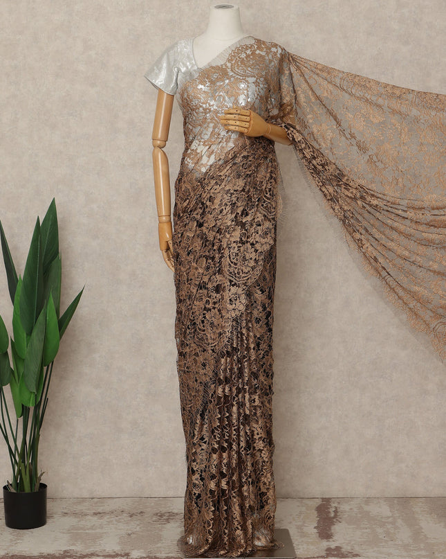Golden Beige 2 Tone Premium French Chantilly Saree Lace Fabric 5.5 Mtrs Length 110 Cms Width Floral Eyelash Net Designer Drape Material Made In France, Blouse Not Included-D28088