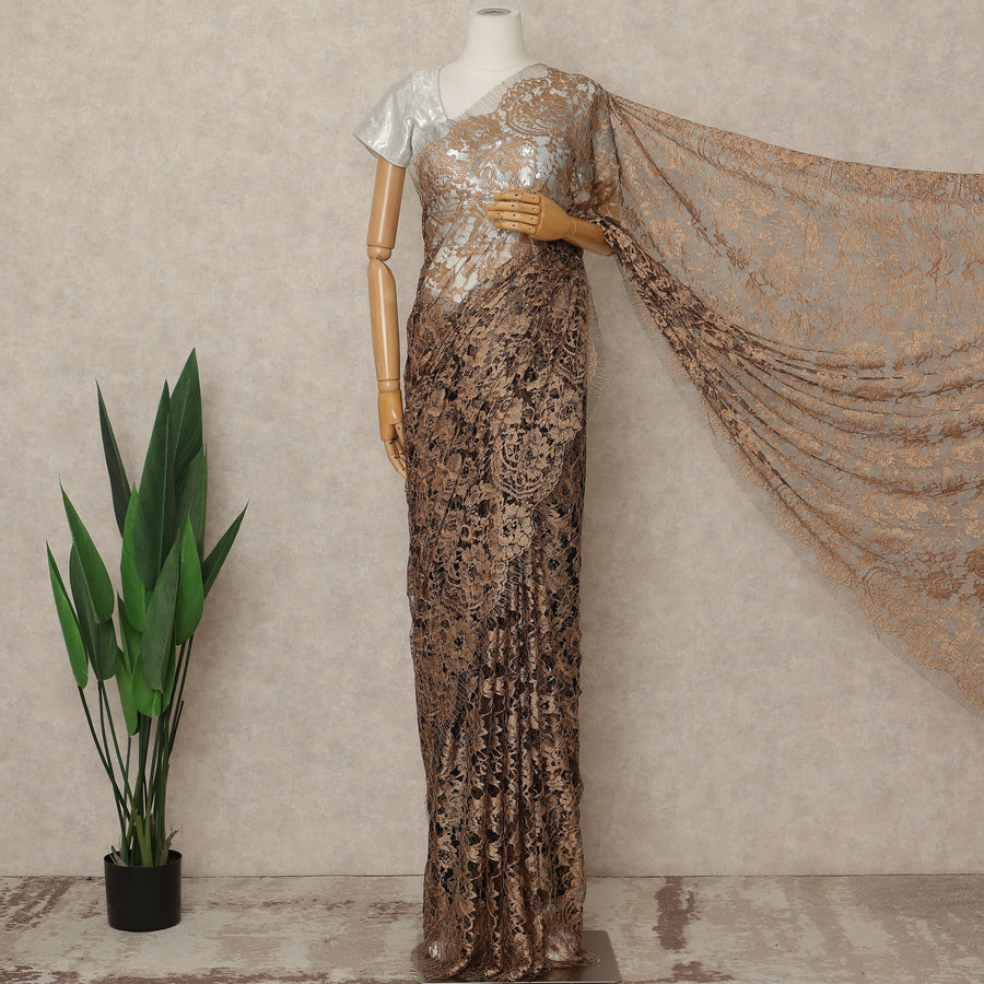 Golden Beige 2 Tone Premium French Chantilly Saree Lace Fabric 5.5 Mtrs Length 110 Cms Width Floral Eyelash Net Designer Drape Material Made In France, Blouse Not Included-D28088 - Regal Fabrics