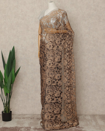 Golden Beige 2 Tone Premium French Chantilly Saree Lace Fabric 5.5 Mtrs Length 110 Cms Width Floral Eyelash Net Designer Drape Material Made In France, Blouse Not Included-D28088 - Regal Fabrics