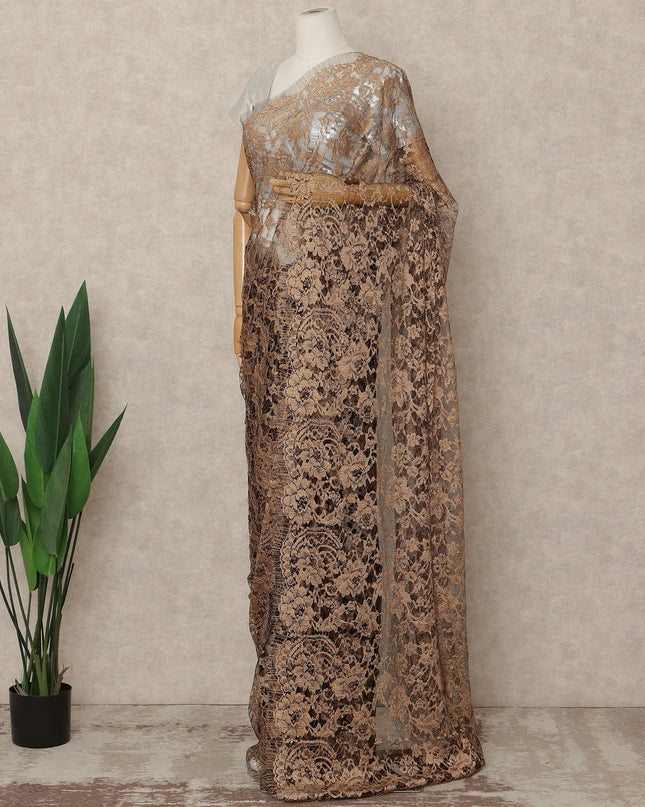 Golden Beige 2 Tone Premium French Chantilly Saree Lace Fabric 5.5 Mtrs Length 110 Cms Width Floral Eyelash Net Designer Drape Material Made In France, Blouse Not Included-D28088