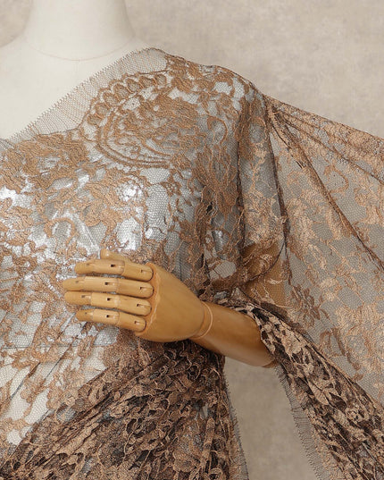 Golden Beige 2 Tone Premium French Chantilly Saree Lace Fabric 5.5 Mtrs Length 110 Cms Width Floral Eyelash Net Designer Drape Material Made In France, Blouse Not Included-D28088 - Regal Fabrics
