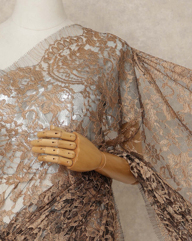 Golden Beige 2 Tone Premium French Chantilly Saree Lace Fabric 5.5 Mtrs Length 110 Cms Width Floral Eyelash Net Designer Drape Material Made In France, Blouse Not Included-D28088