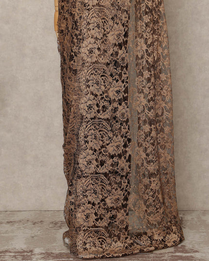 Golden Beige 2 Tone Premium French Chantilly Saree Lace Fabric 5.5 Mtrs Length 110 Cms Width Floral Eyelash Net Designer Drape Material Made In France, Blouse Not Included-D28088 Regal Fabrics