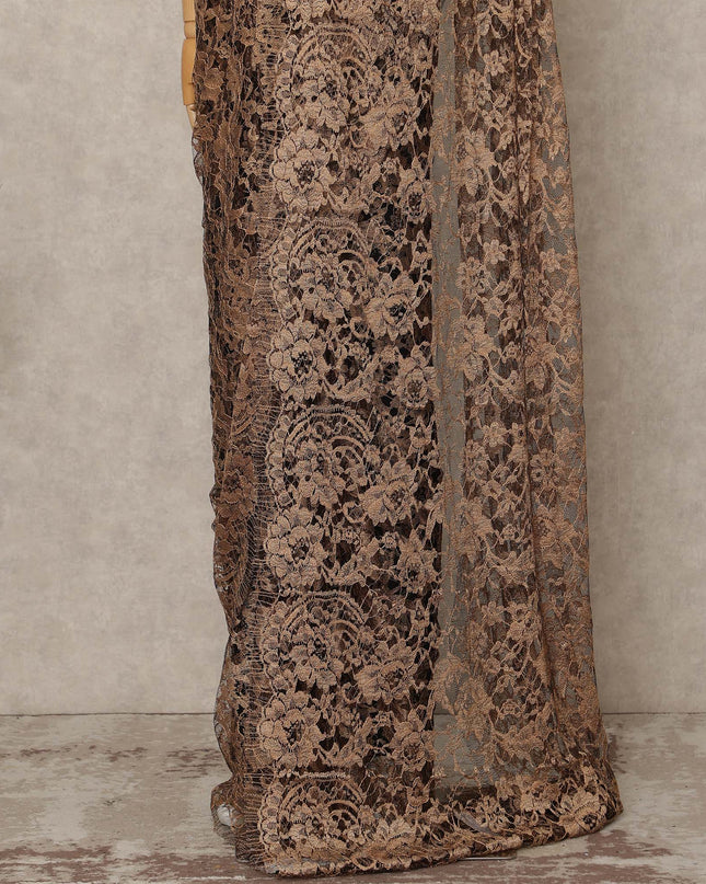 Golden Beige 2 Tone Premium French Chantilly Saree Lace Fabric 5.5 Mtrs Length 110 Cms Width Floral Eyelash Net Designer Drape Material Made In France, Blouse Not Included-D28088