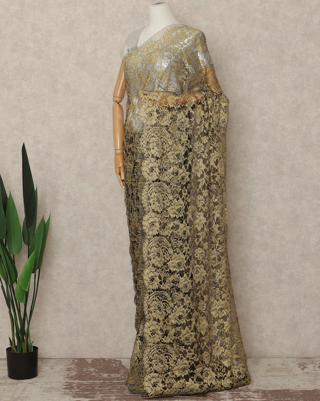 Dusty Gold French Chantilly Saree Lace Elegant Floral Net Design 5.5 Mtrs Length 110 Cms Width Premium Soft Sheer Fabric France Origin-D28933 Regal Fabrics