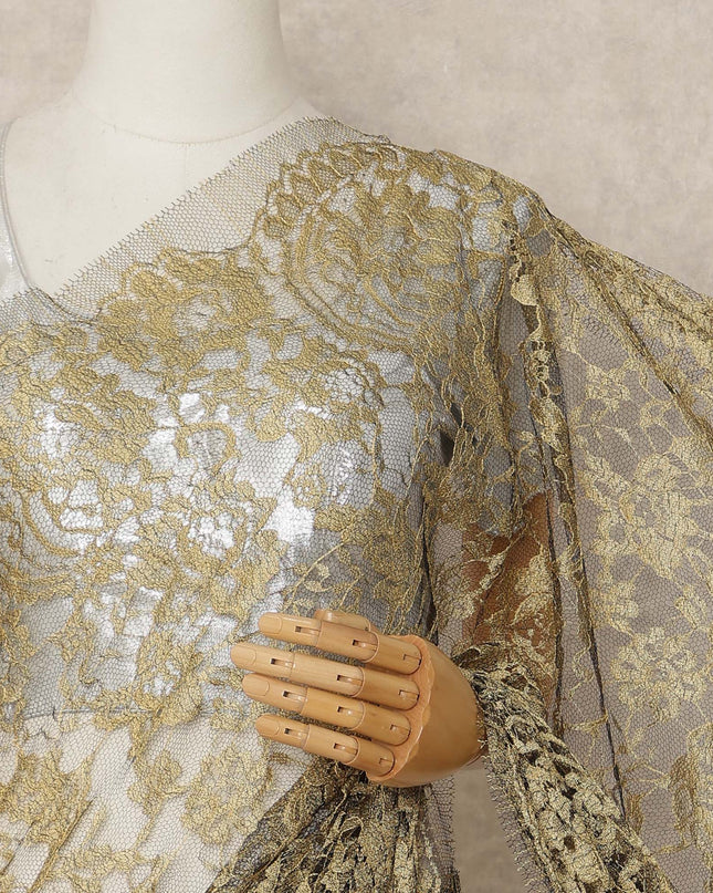 Dusty Gold French Chantilly Saree Lace Elegant Floral Net Design 5.5 Mtrs Length 110 Cms Width Premium Soft Sheer Fabric France Origin-D28933 Regal Fabrics