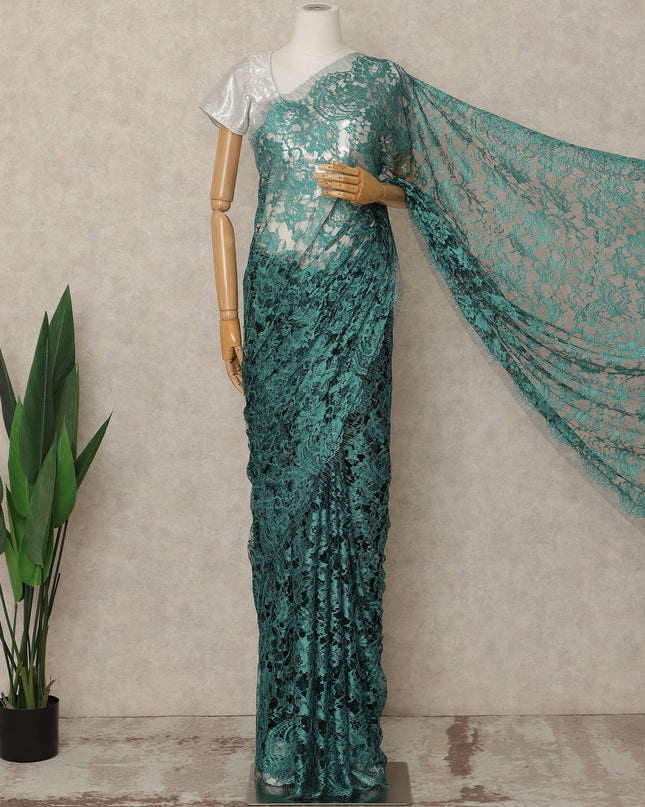 Fern Green 2 Tone Premium French Chantilly Saree Lace Fabric 5.5 Mtrs Length 110 Cms Width Floral Eyelash Net Designer Drape Material Made In France, Blouse Not Included-D28086